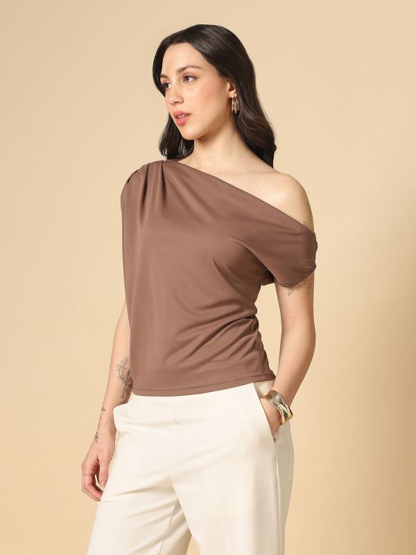 Globus Women Brown One Shoulder Extended Sleeve Gathered & Pleated detail Party Top