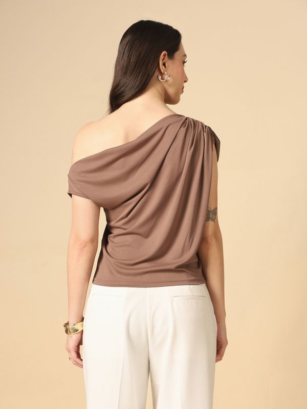 Globus Women Brown One Shoulder Extended Sleeve Gathered & Pleated detail Party Top