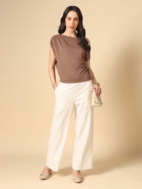 Globus Women Brown One Shoulder Extended Sleeve Gathered & Pleated detail Party Top