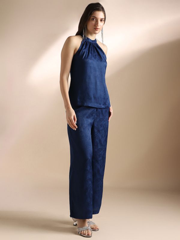 Globus Women Blue Halter Neck Self Design Sleeveless Top & Trousers Party Co-Ord Set