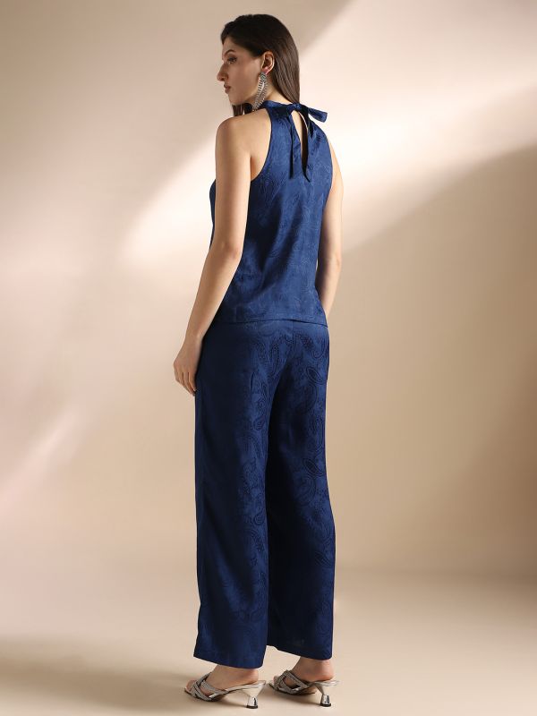 Globus Women Blue Halter Neck Self Design Sleeveless Top & Trousers Party Co-Ord Set