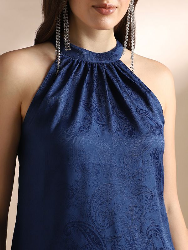Globus Women Blue Halter Neck Self Design Sleeveless Top & Trousers Party Co-Ord Set
