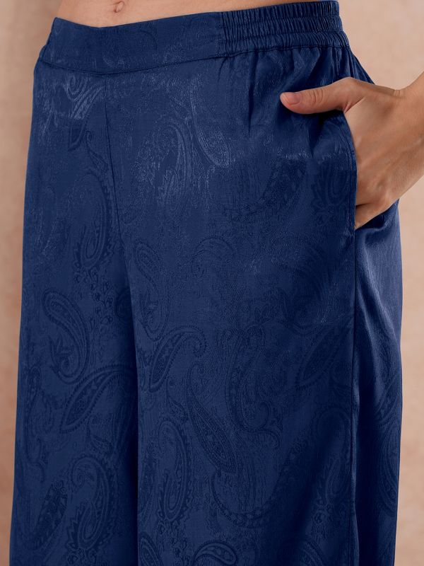 Globus Women Blue Halter Neck Self Design Sleeveless Top & Trousers Party Co-Ord Set