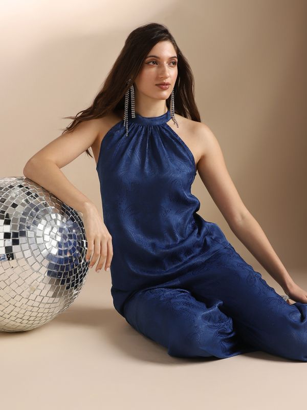 Globus Women Blue Halter Neck Self Design Sleeveless Top & Trousers Party Co-Ord Set