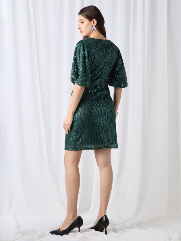 Globus Women Green V-Neck Puff Sleeves Embellished Twisted Detail Mini Bodycon Party Dress