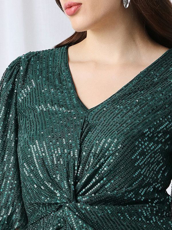 Globus Women Green V-Neck Puff Sleeves Embellished Twisted Detail Mini Bodycon Party Dress