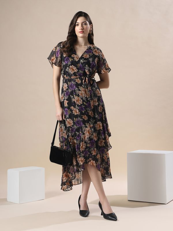 Globus Women Black Floral Print Wrap V-Neck Flare Short Sleeve Waist Belted Tie-Ups Fit & Flare Asymmetric Hem Midi Dress