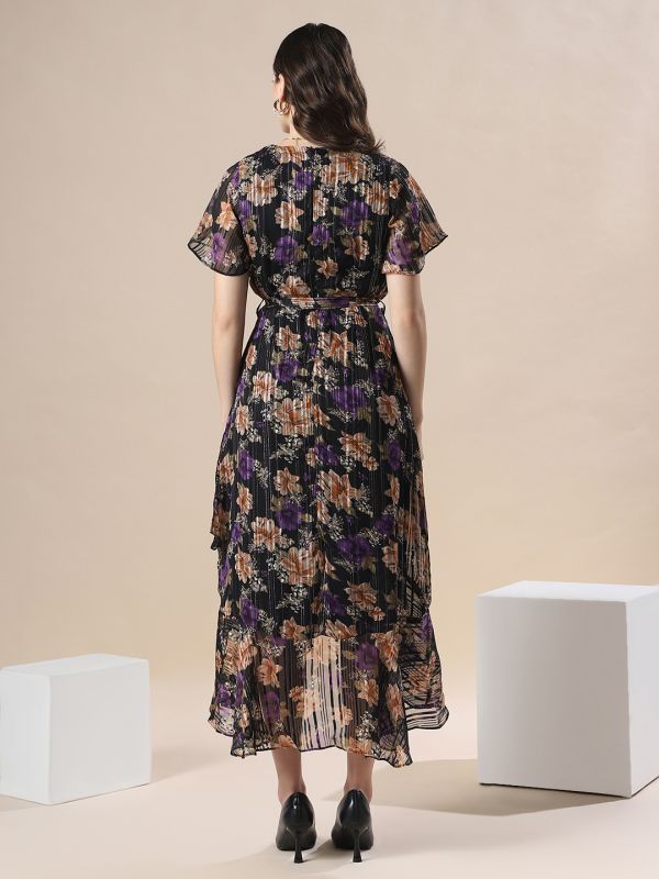Globus Women Black Floral Print Wrap V-Neck Flare Short Sleeve Waist Belted Tie-Ups Fit & Flare Asymmetric Hem Midi Dress