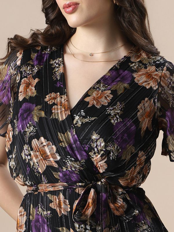 Globus Women Black Floral Print Wrap V-Neck Flare Short Sleeve Waist Belted Tie-Ups Fit & Flare Asymmetric Hem Midi Dress