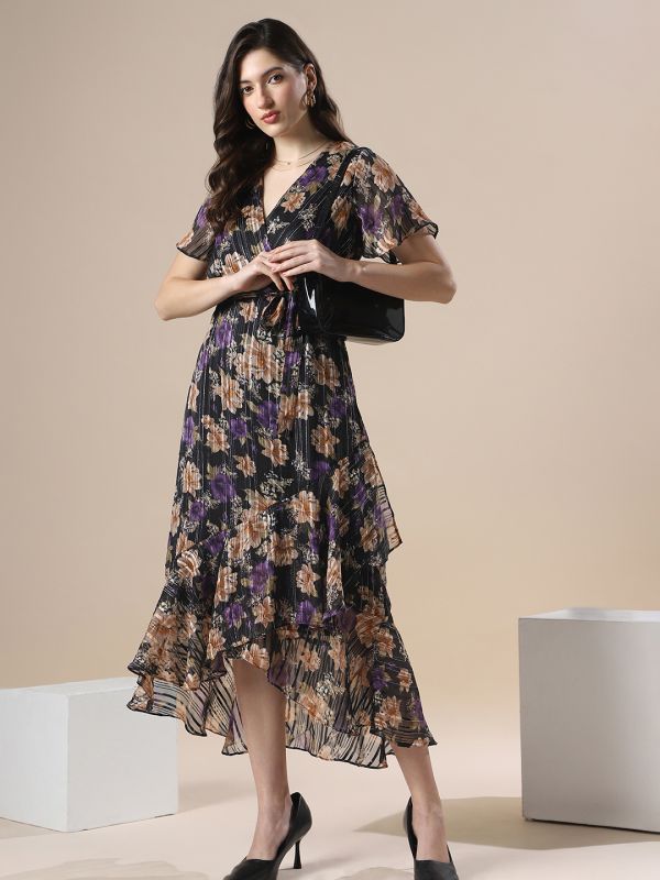 Globus Women Black Floral Print Wrap V-Neck Flare Short Sleeve Waist Belted Tie-Ups Fit & Flare Asymmetric Hem Midi Dress