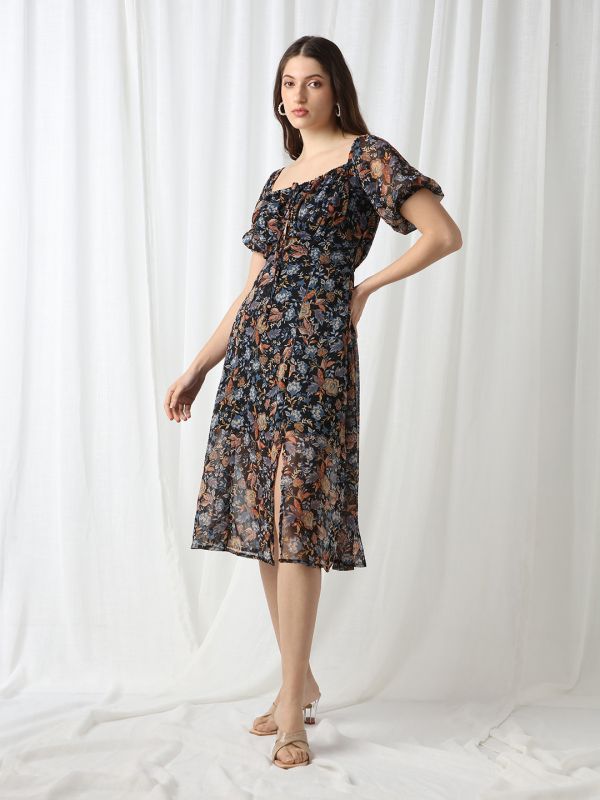 Globus Women Blue Square Neck Puff Sleeves Floral Print Tie-Up Detail Fit & Flare Midi Dress
