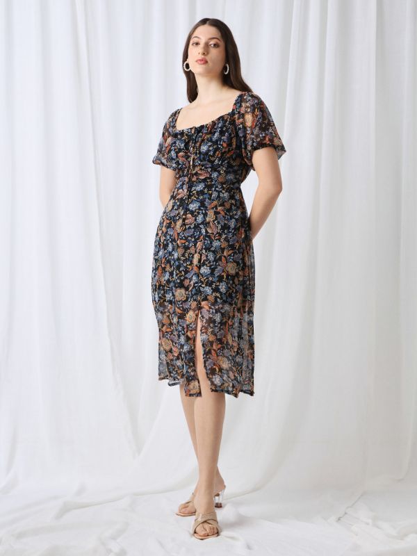 Globus Women Blue Square Neck Puff Sleeves Floral Print Tie-Up Detail Fit & Flare Midi Dress