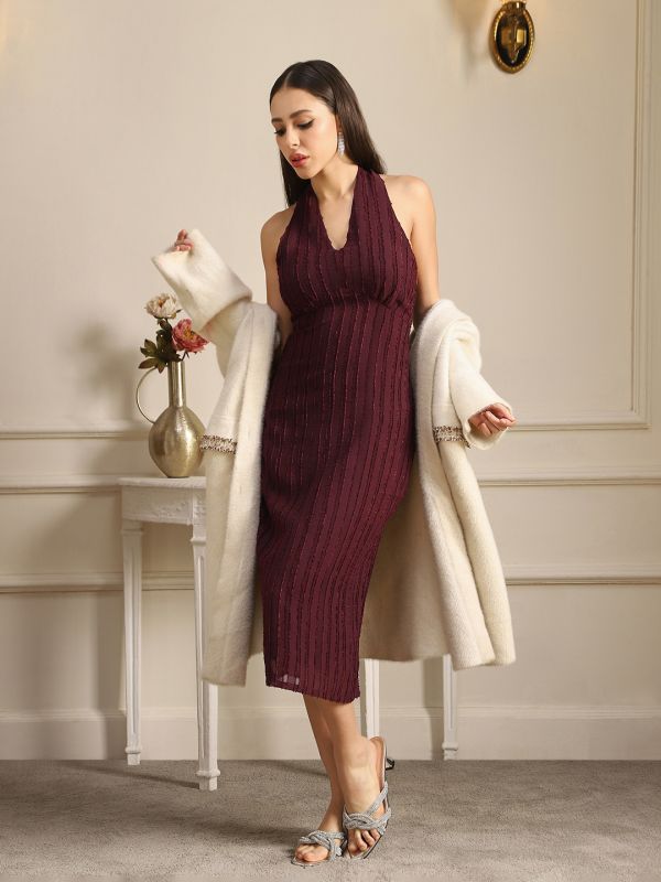 Globus Women Dark Wine Georgette Self Design Halter Tie-Up Neck Smocked Midi Bodycon Party Dress
