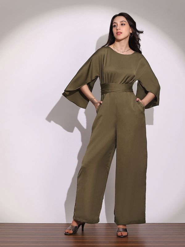 Globus Women Brown Boat Neck Cape Sleeves Criss Cross Waist Tie-Up Detail Sheen Party Jumpsuit