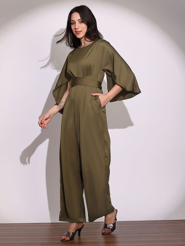 Globus Women Brown Boat Neck Cape Sleeves Criss Cross Waist Tie-Up Detail Sheen Party Jumpsuit
