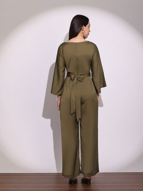 Globus Women Brown Boat Neck Cape Sleeves Criss Cross Waist Tie-Up Detail Sheen Party Jumpsuit