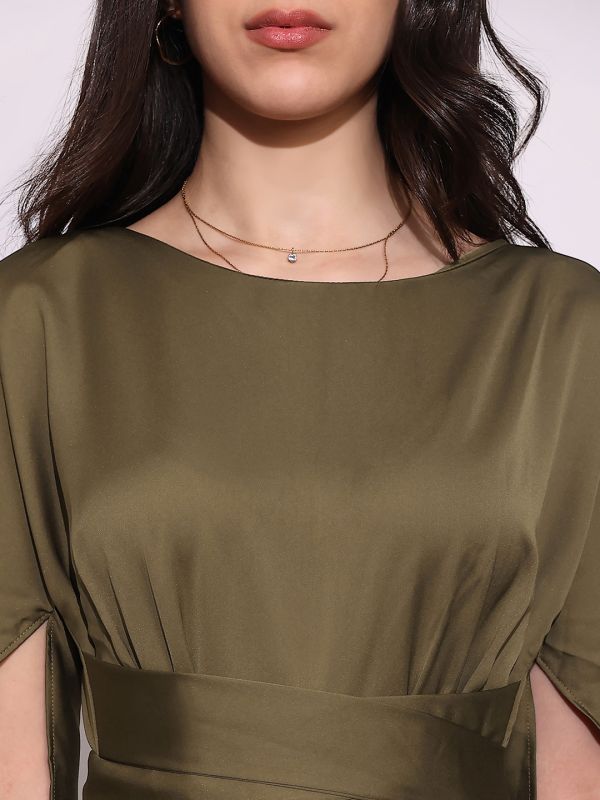 Globus Women Brown Boat Neck Cape Sleeves Criss Cross Waist Tie-Up Detail Sheen Party Jumpsuit