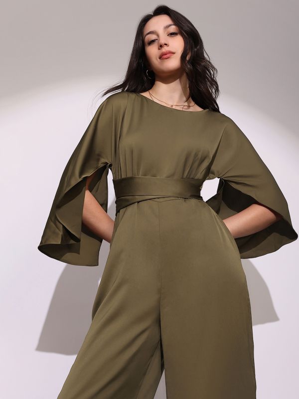 Globus Women Brown Boat Neck Cape Sleeves Criss Cross Waist Tie-Up Detail Sheen Party Jumpsuit
