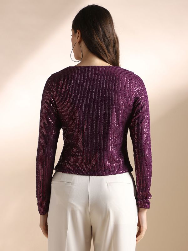 Globus Women Burgundy V-Neck Long Sleeves Sequin Embellished Party Top