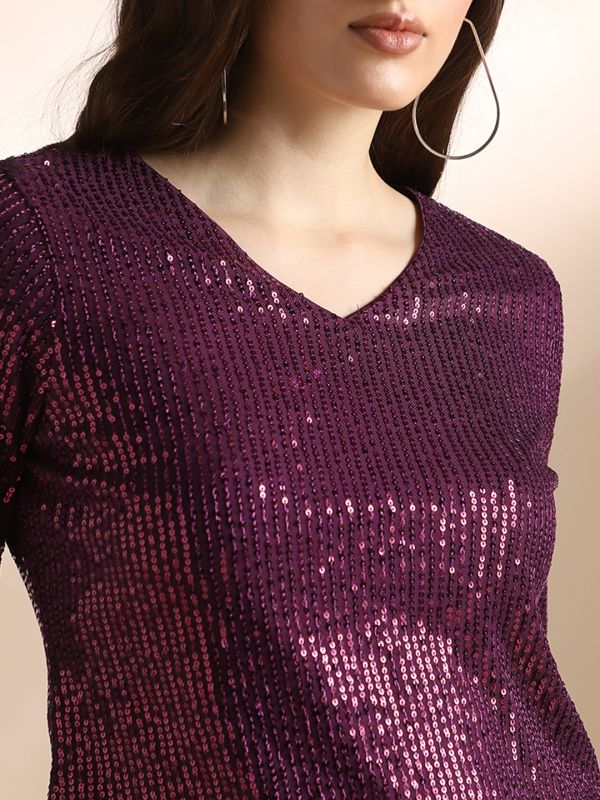 Globus Women Burgundy V-Neck Long Sleeves Sequin Embellished Party Top