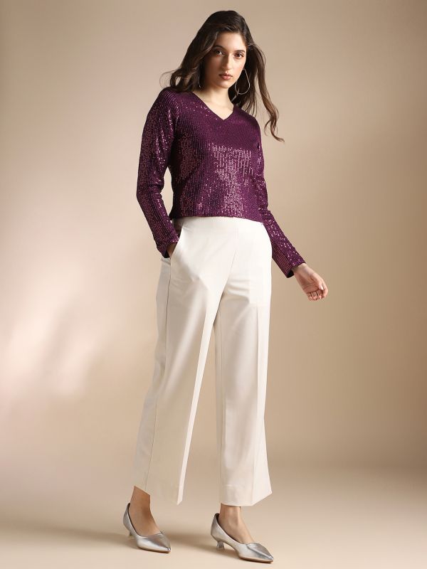 Globus Women Burgundy V-Neck Long Sleeves Sequin Embellished Party Top