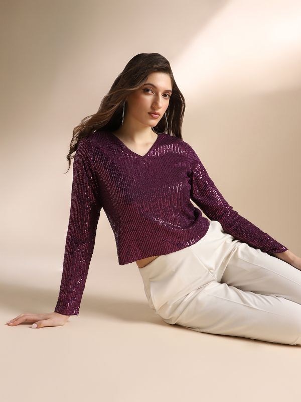 Globus Women Burgundy V-Neck Long Sleeves Sequin Embellished Party Top