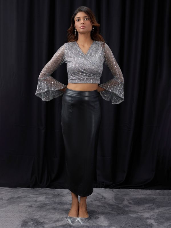 Globus Women Grey V-Neck Flared Sleeves Embellished Sheen Waist Tie-Up Party Crop Top