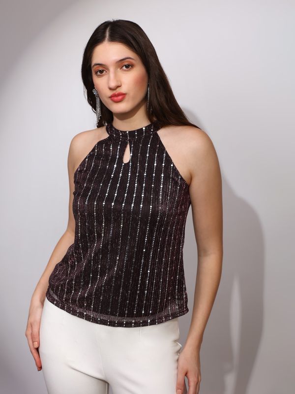 Globus Women Brown Spangle Embellished Halter Keyhole Neck Sleeveless Party Top