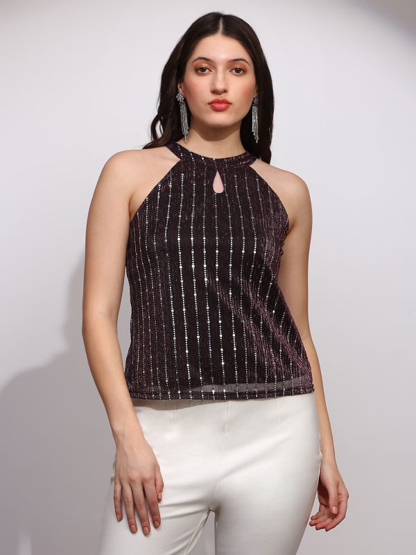 Globus Women Brown Spangle Embellished Halter Keyhole Neck Sleeveless Party Top