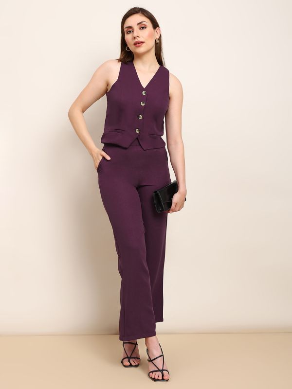 Globus Women Burgundy V-Neck Solid Front Pocket Detail Waistcoat with Trousers Workwear Co-ord Set