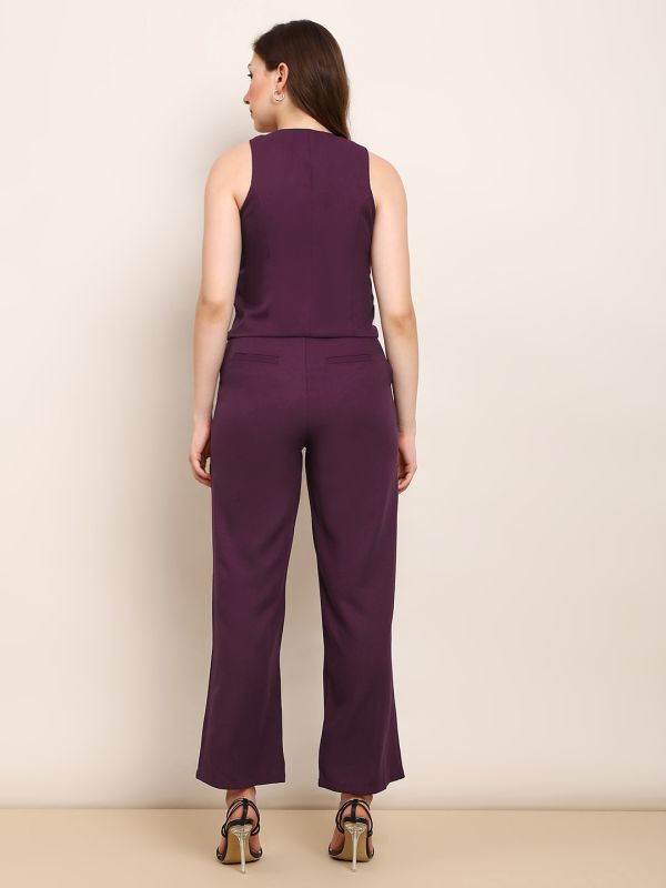 Globus Women Burgundy V-Neck Solid Front Pocket Detail Waistcoat with Trousers Workwear Co-ord Set