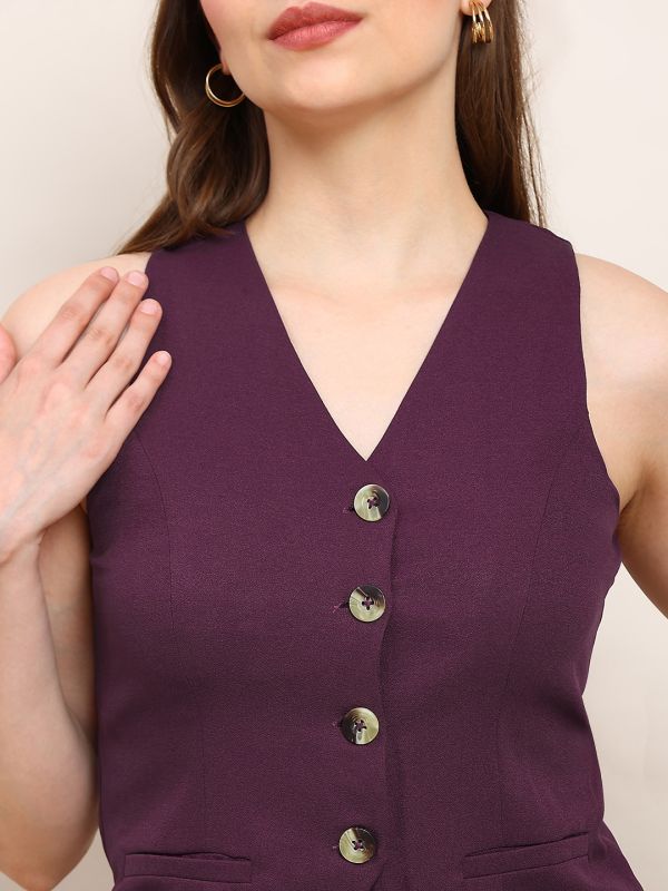 Globus Women Burgundy V-Neck Solid Front Pocket Detail Waistcoat with Trousers Workwear Co-ord Set