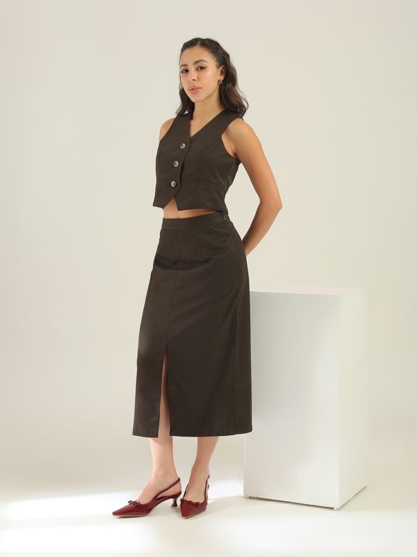 Globus Women Brown V-Neck Solid Cropped Waistcoat With Front Slit Midi Skirt Workwear Co-Ord Set