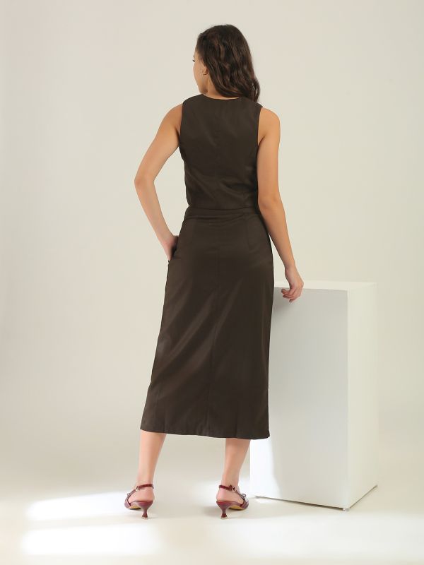 Globus Women Brown V-Neck Solid Cropped Waistcoat With Front Slit Midi Skirt Workwear Co-Ord Set