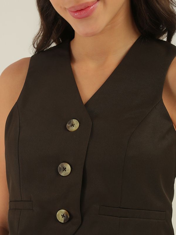 Globus Women Brown V-Neck Solid Cropped Waistcoat With Front Slit Midi Skirt Workwear Co-Ord Set