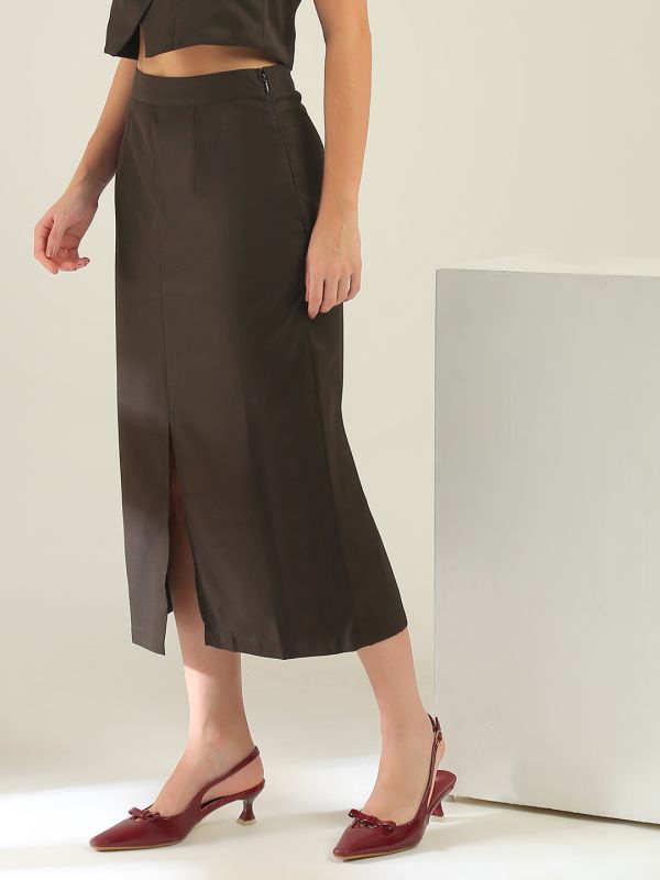 Globus Women Brown V-Neck Solid Cropped Waistcoat With Front Slit Midi Skirt Workwear Co-Ord Set