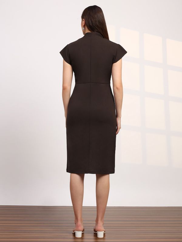 Globus Women Brown V-Neck Cap Sleeves Sheath Midi Workwear Dress
