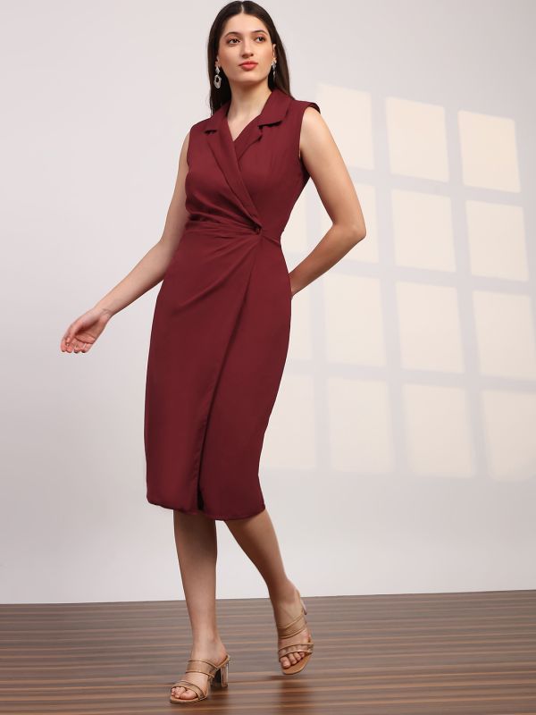 Globus Women Maroon Notch Lapel Pleated Detail Midi Workwear Blazer Dress