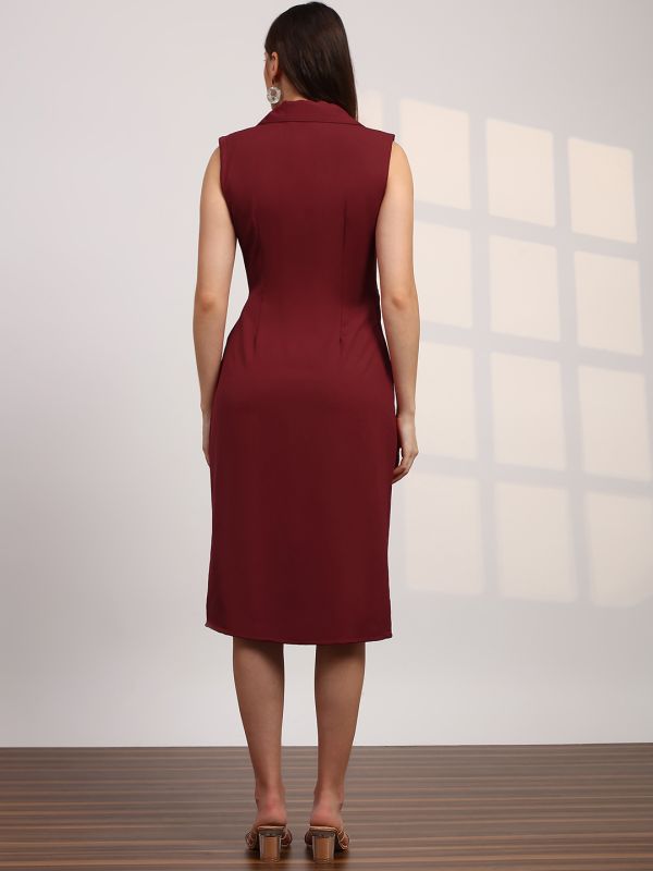 Globus Women Maroon Notch Lapel Pleated Detail Midi Workwear Blazer Dress