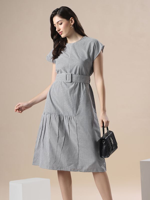 Globus Women Multi Striped Boat Neck Extended Sleeve Belted Detail Knee Length Fit & Flare Dress