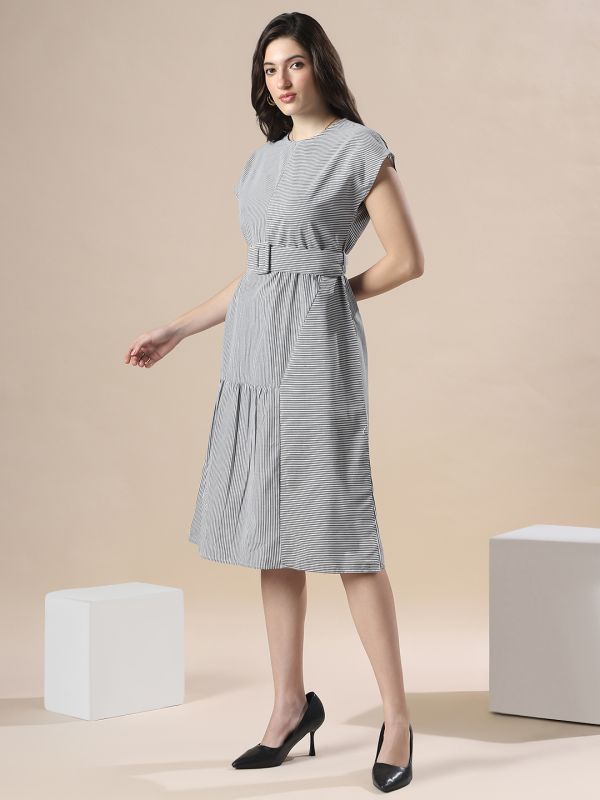 Globus Women Multi Striped Boat Neck Extended Sleeve Belted Detail Knee Length Fit & Flare Dress