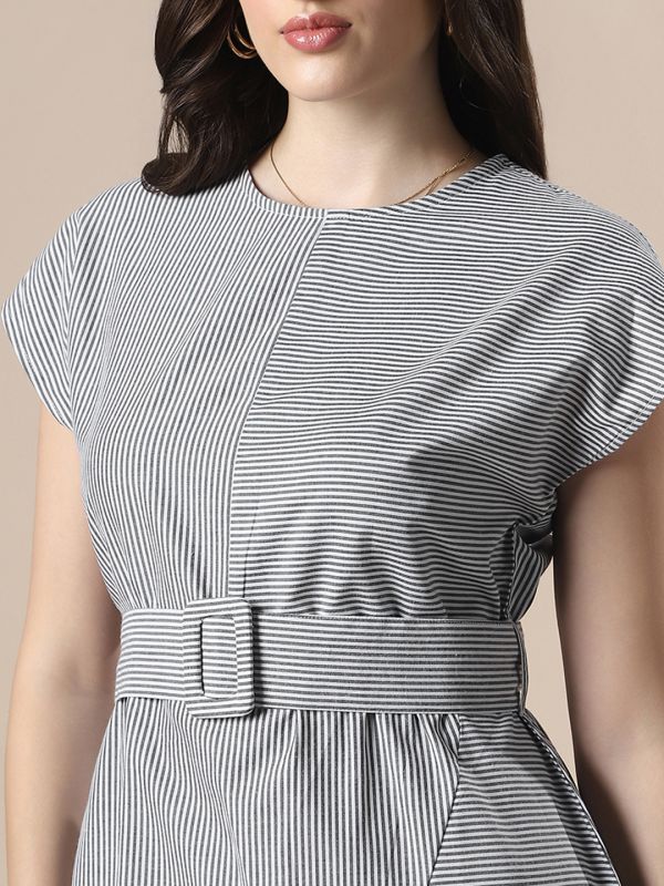 Globus Women Multi Striped Boat Neck Extended Sleeve Belted Detail Knee Length Fit & Flare Dress