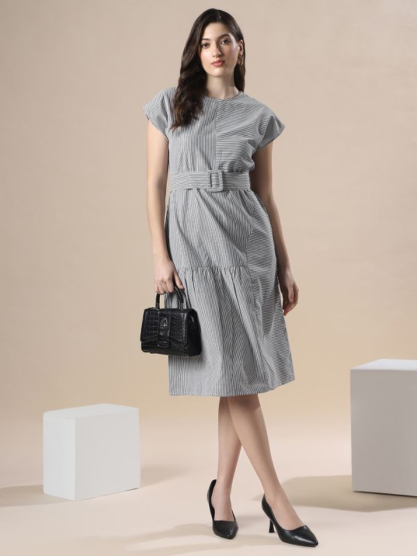 Globus Women Multi Striped Boat Neck Extended Sleeve Belted Detail Knee Length Fit & Flare Dress
