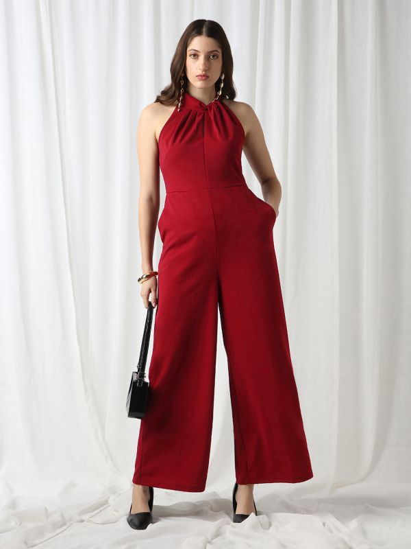 Globus Women Maroon Twisted Halter Neck Sleeveless Pleated Detailing Wide leg Jumpsuit 