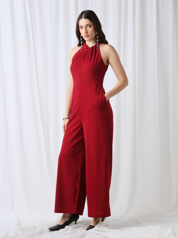 Globus Women Maroon Twisted Halter Neck Sleeveless Pleated Detailing Wide leg Jumpsuit 