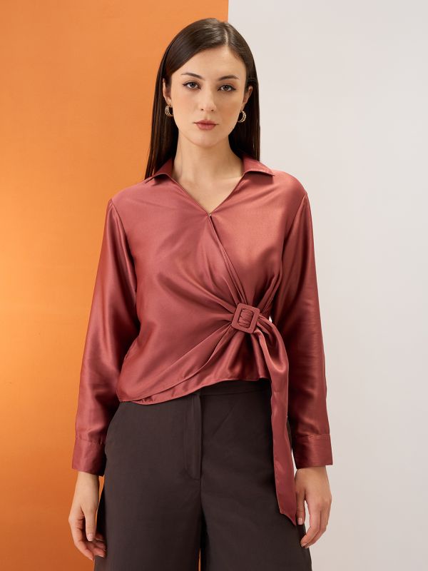Globus Women Pink Solid Shirt Collar Cuffed Sleeves Twisted Buckle Detail Shirt Style Party Top