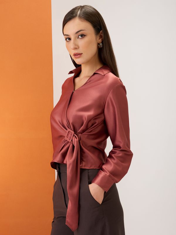 Globus Women Pink Solid Shirt Collar Cuffed Sleeves Twisted Buckle Detail Shirt Style Party Top