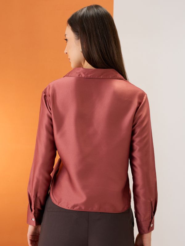 Globus Women Pink Solid Shirt Collar Cuffed Sleeves Twisted Buckle Detail Shirt Style Party Top