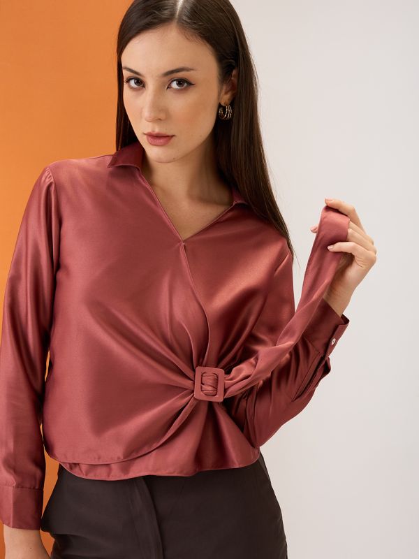 Globus Women Pink Solid Shirt Collar Cuffed Sleeves Twisted Buckle Detail Shirt Style Party Top
