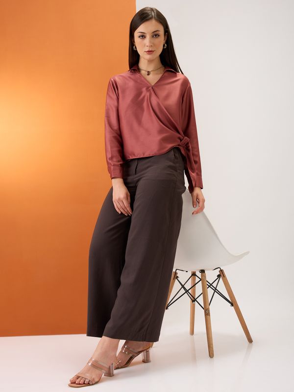 Globus Women Pink Solid Shirt Collar Cuffed Sleeves Twisted Buckle Detail Shirt Style Party Top